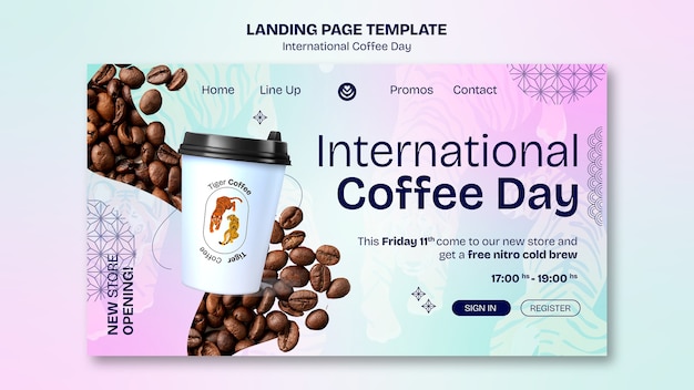 PSD gratuito modello di pagina di destinazione della giornata internazionale del caffè