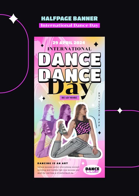 PSD gratuito banner di mezza pagina per la celebrazione della giornata internazionale della danza