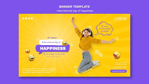 International Day of Happiness Horizontal Banner Template – Free Download