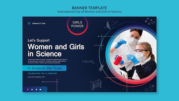 科学バナーテンプレートの女性と女の子の国際的な日