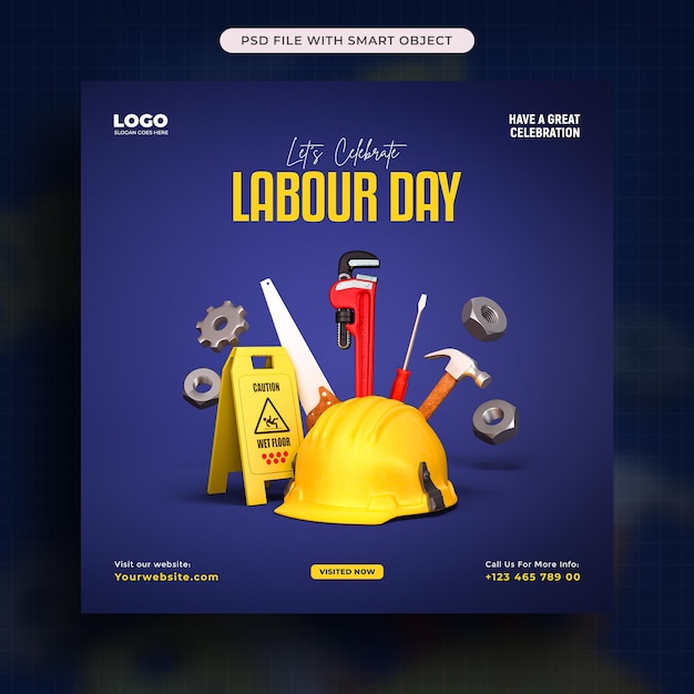 Free PSD international labour day with helmet security and tools social media post template