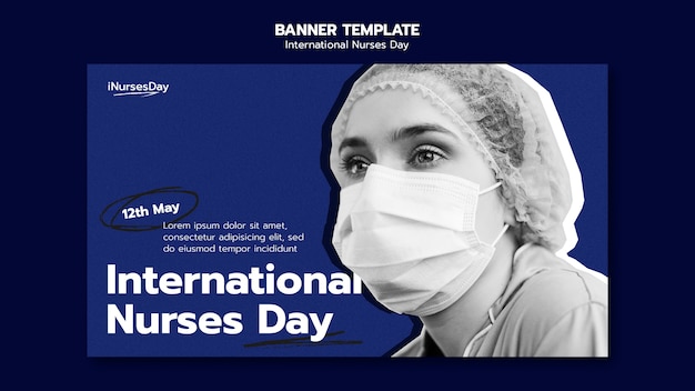 PSD gratuito modello di banner orizzontale per la giornata internazionale degli infermieri con infermiere che indossa una maschera medica