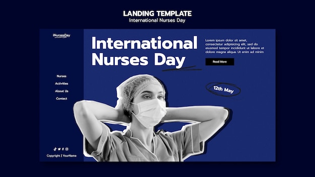 International nurses day landing page template with nurse wearing medical mask