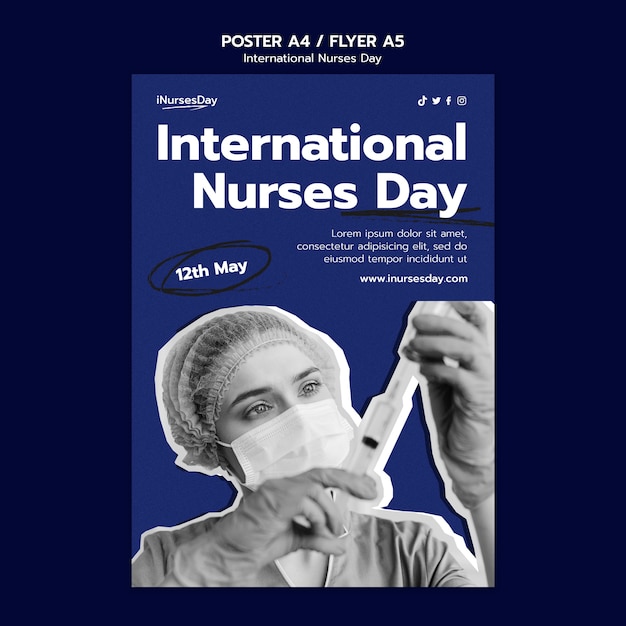 PSD gratuito modello di poster verticale per la giornata internazionale degli infermieri con infermiere che indossa una maschera medica