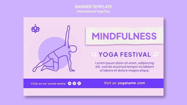 Modello di banner orizzontale per la giornata internazionale dello yoga con persona che pratica yoga