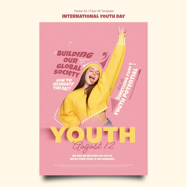 Бесплатный PSD Шаблон вертикального плаката международного дня молодежи с девочкой-подростком