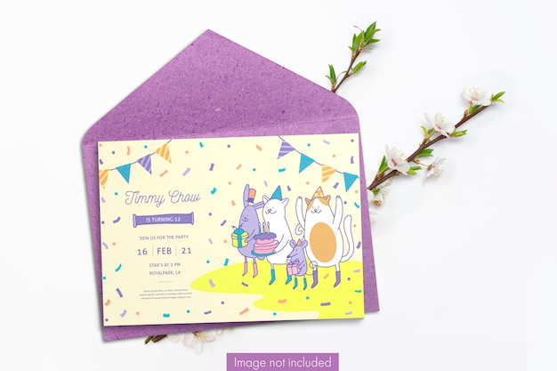 Free PSD invitation card and craft paper envelope with cherry branches