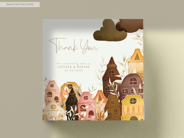 Free PSD invitation card template with hand drawn vintage house and leaves