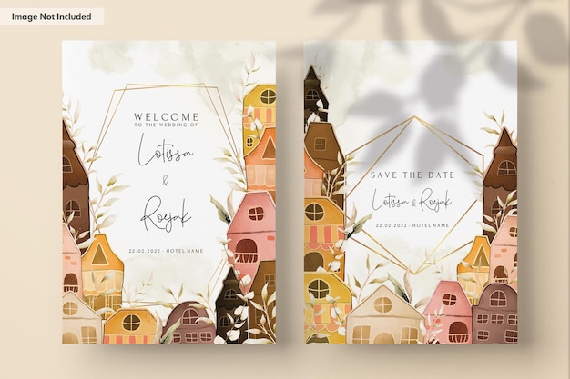 Free PSD invitation card template with hand drawn vintage house and leaves