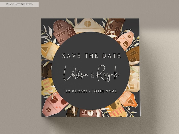 Free PSD invitation card template with hand drawn vintage house and leaves