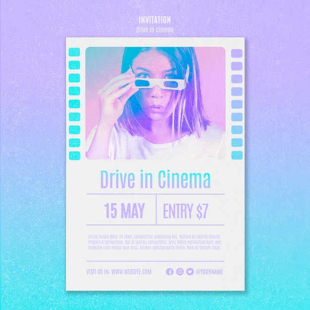 PSD gratuito modello di invito per l'esperienza cinematografica drive-in