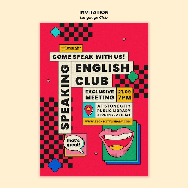 PSD gratuito modello di invito per club di lingua inglese