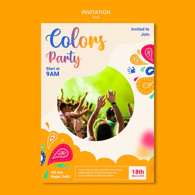 Free PSD invitation template for holi festival celebration