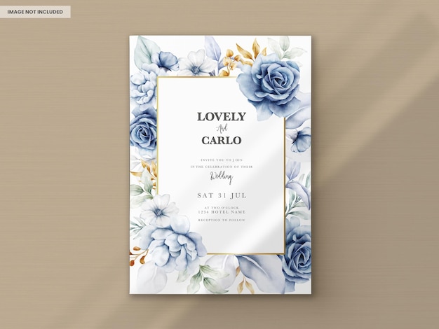 invitation template with elegant watercolor white blue roses