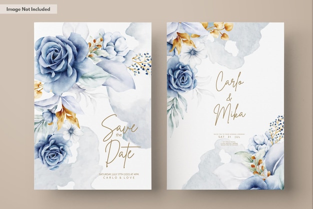 PSD gratuito modello di invito con eleganti rose blu bianche dell'acquerello