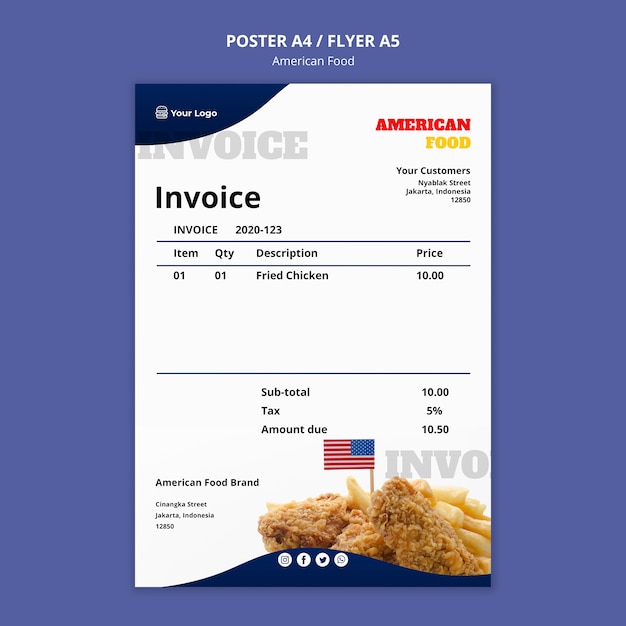 Free PSD invoice template for american food restaurant