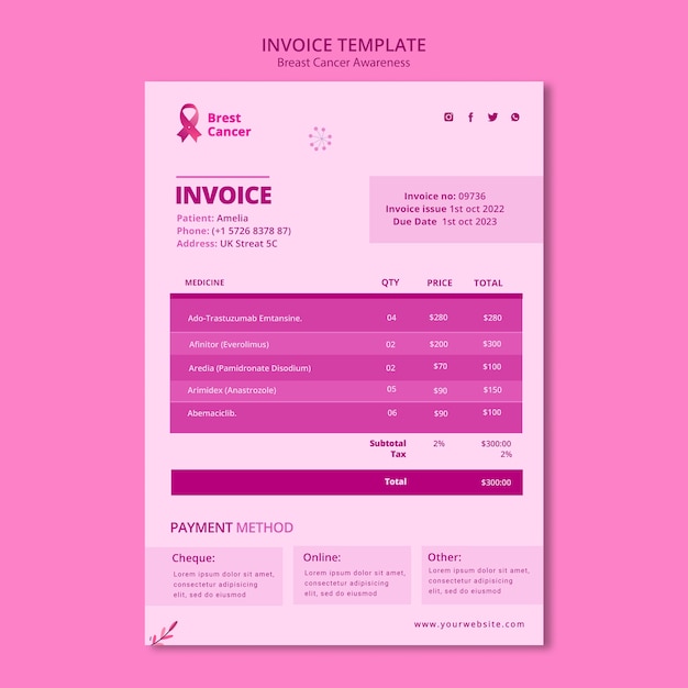 Free PSD invoice template for breast cancer awareness month