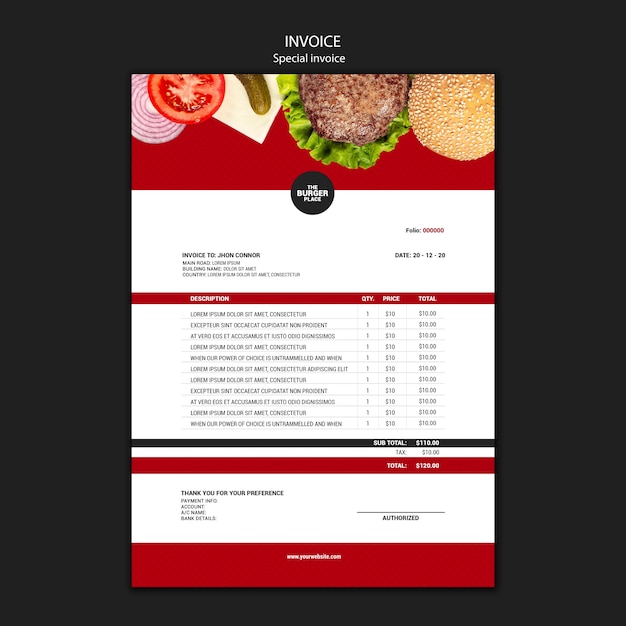 Invoice template for burger restaurant