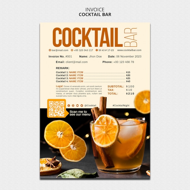 PSD gratuito modello di fattura per cocktail bar