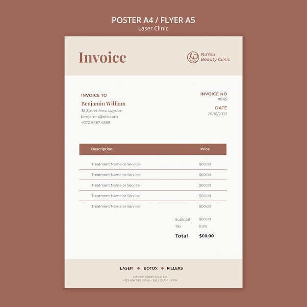 無料PSD レーザー脱毛クリニックの請求書テンプレート