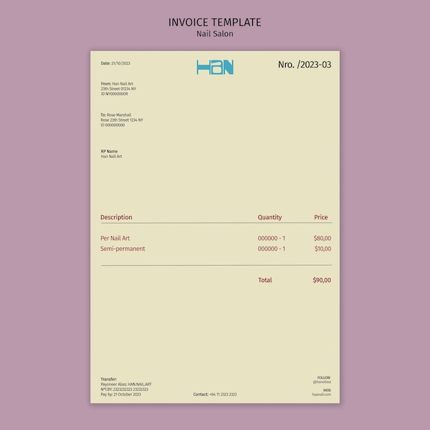 無料PSD ネイルサロンビジネスの請求書テンプレート