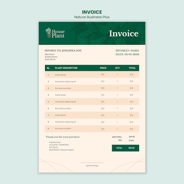 Invoice template for indoor potted plants