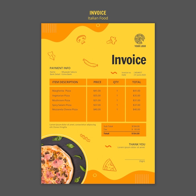 Free PSD invoice template for italian food bistro