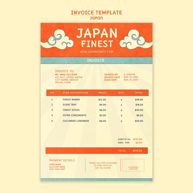 Invoice template for japanese cuisine restaurant