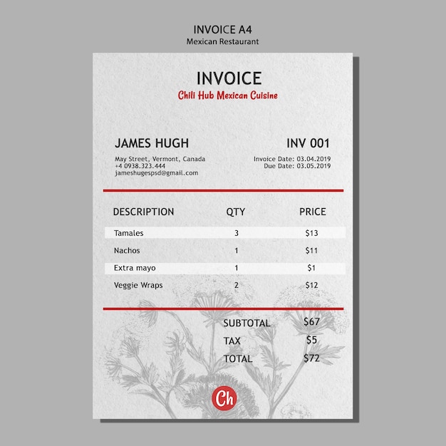 Invoice template for mexican restaurant