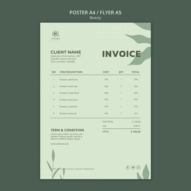 Free PSD invoice template for skincare and beauty