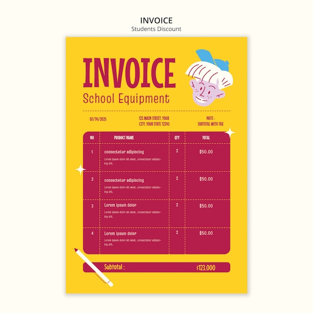 Free PSD invoice template for student discounts and sale