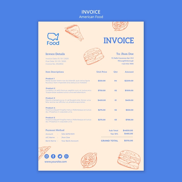 Free PSD invoice template with american food