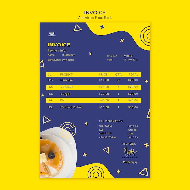 Invoice template with american food