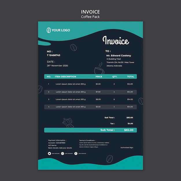 Modello di fattura con il concetto di caffè