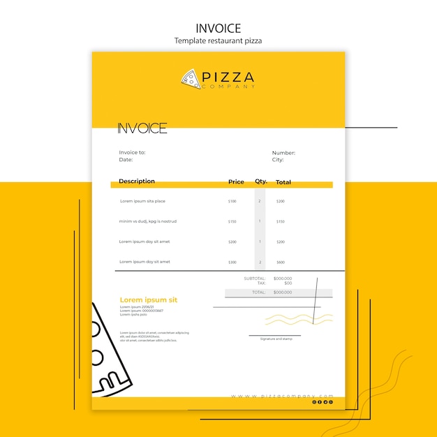 Free PSD invoice template with payment for pizza restaurant