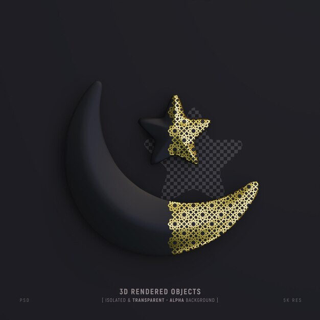 Islamic Cute crescent moon and star isolated 3D Rendering Dark Scene