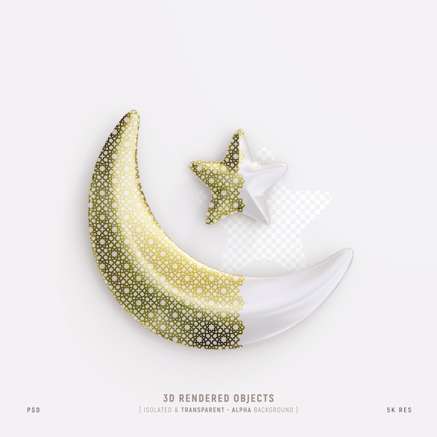 Islamic Cute crescent moon and star isolated 3D Rendering
