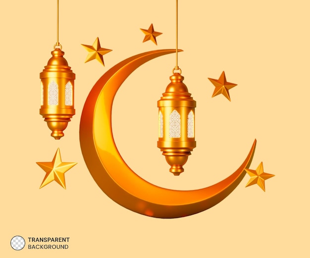 Free PSD islamic lantern with crescent moon icon 3d render illustration