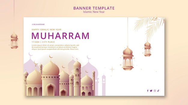 Islamic new year horizontal banner template with palace and lanterns