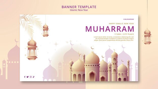 Islamic new year horizontal banner template with palace and lanterns