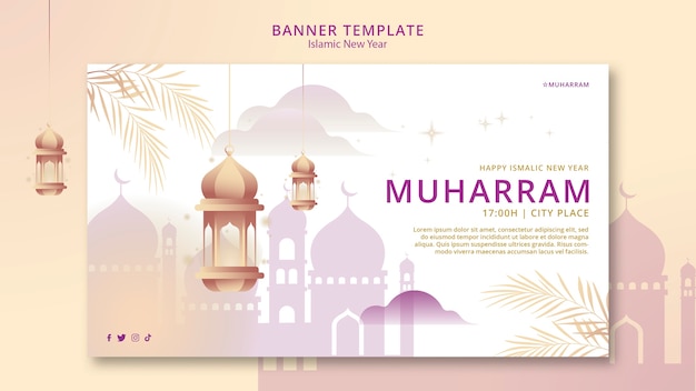 Free PSD islamic new year horizontal banner template with palace and lanterns