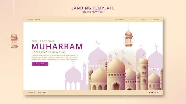 Islamic new year landing page template with palace and lanterns