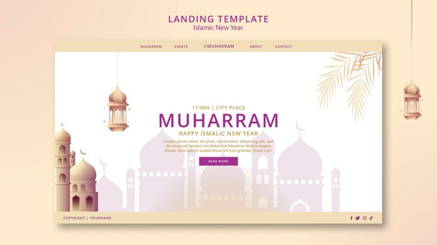 Шаблон целевой страницы исламского нового года с дворцом и фонарями