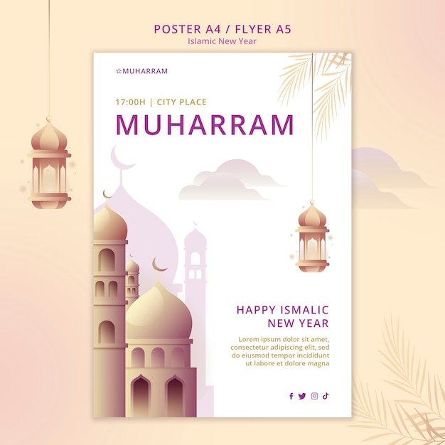 Islamic new year vertical flyer template with palace and lanterns