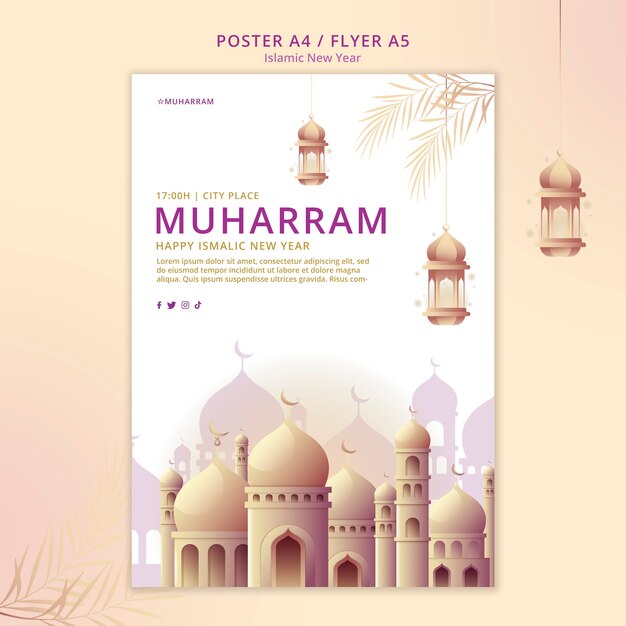 Islamic new year vertical flyer template with palace and lanterns