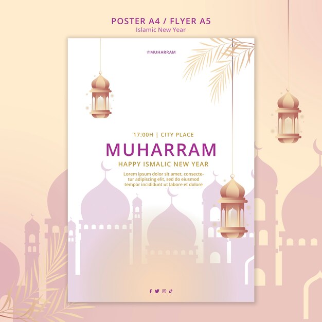 Islamic new year vertical flyer template with palace and lanterns