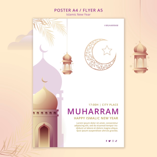 Шаблон вертикального флаера исламского нового года с дворцом и фонарями