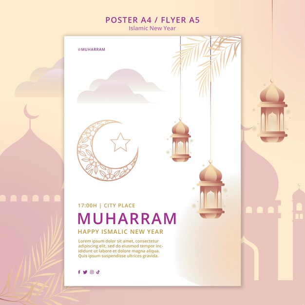 Islamic new year vertical flyer template with palace and lanterns