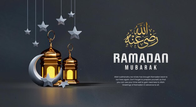 Modello islamico della bandiera del ramadan con la luna crescente e le stelle della lanterna araba 3d