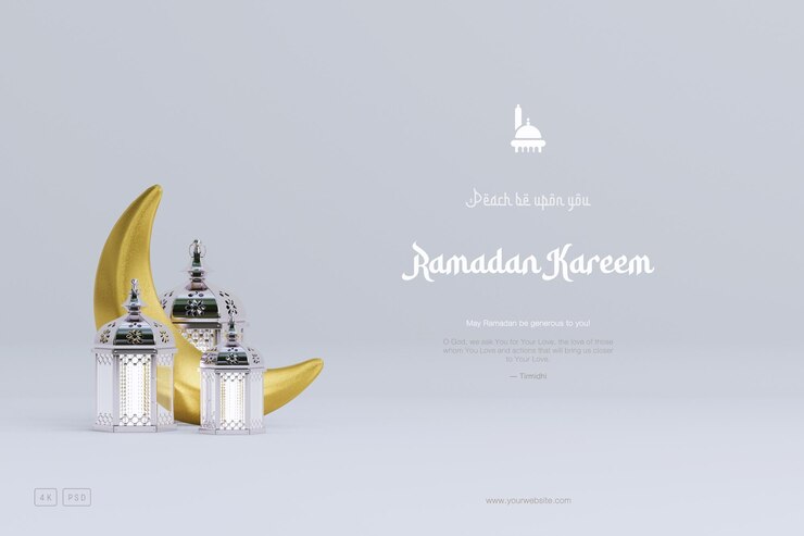 Free PSD islamic ramadan greeting background composition with arabic lanterns and crescent moon